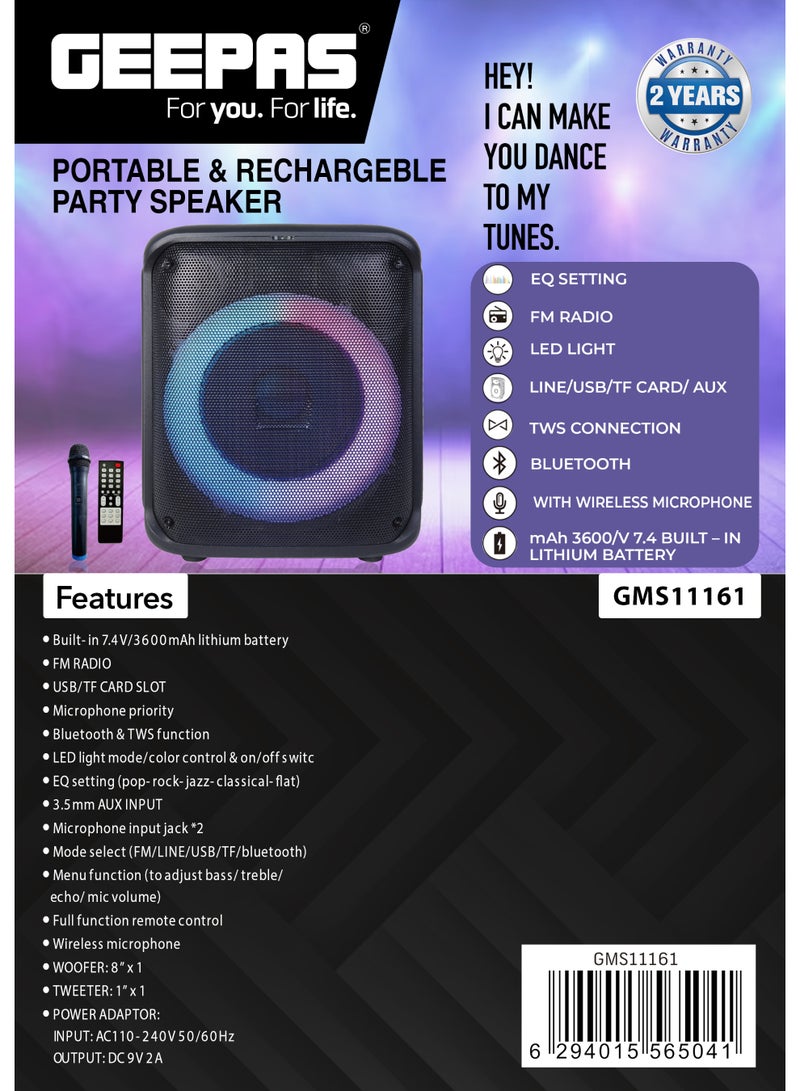 GEEPAS Portable And Rechargeable Party Speaker- GMS11161| Bluetooth, TWS Function and FM Radio| Lightweight and Portable Design, With Color Control LED Light |Multiple Mode Selections and Menu Function| Black, 2 Years Warranty - Image 3